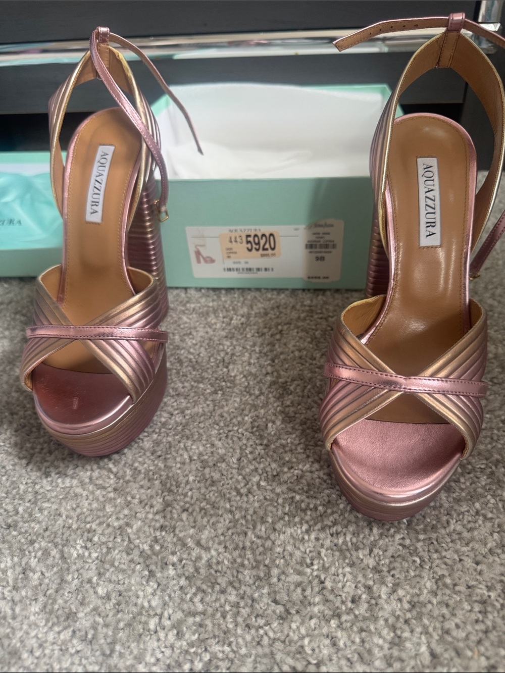 Aquazzura Rose Gold Metallic Platform Ankle-Tie Sandals
